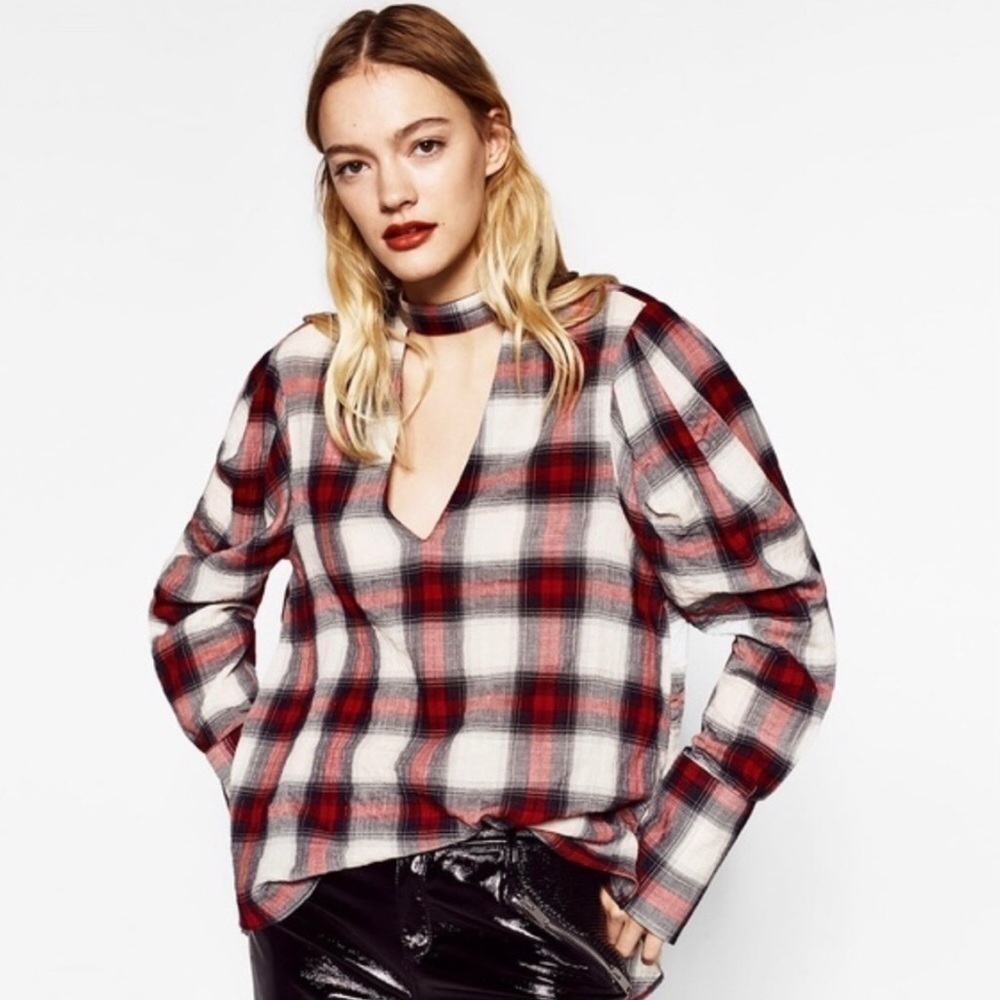 Zara Cotton Plaid Choker Blouse
